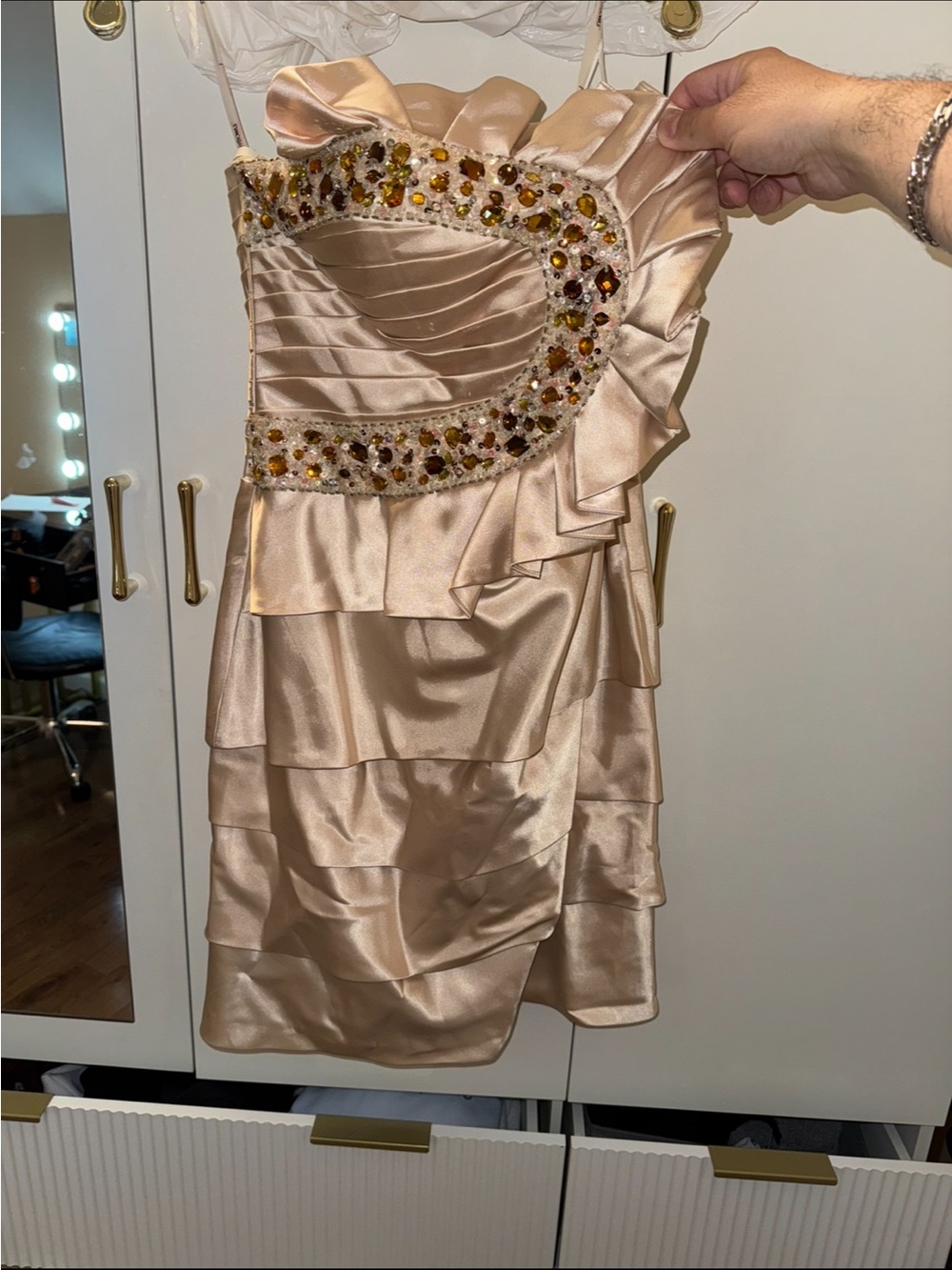 Tony Bowls Champagne Satin Jeweled Ruffle Mini Dress